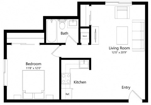 Floor plan for 1 bed, 1 bath, 591 sqft